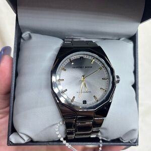 Geoffrey Beene Men's Gunmetal Tone Octagonal Bezel Genuine Black Diamond Watch